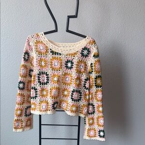 Cream Crochet Patchwork Sweater with Pink, Mustard & Green Size XS